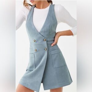 Forever 21 Blue Faux Suede Pinafore Vest Mini Dress M Medium 70s Boho Retro